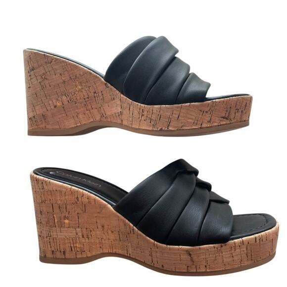 Calvin Klein Black Wedge Sandals Women’s 7 NWOT 3.5” Heel Crisscross Comfort - Picture 3 of 7